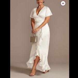 DAVIDS BRIDAL | Flutter Sleeve Satin Dress with Ruffle